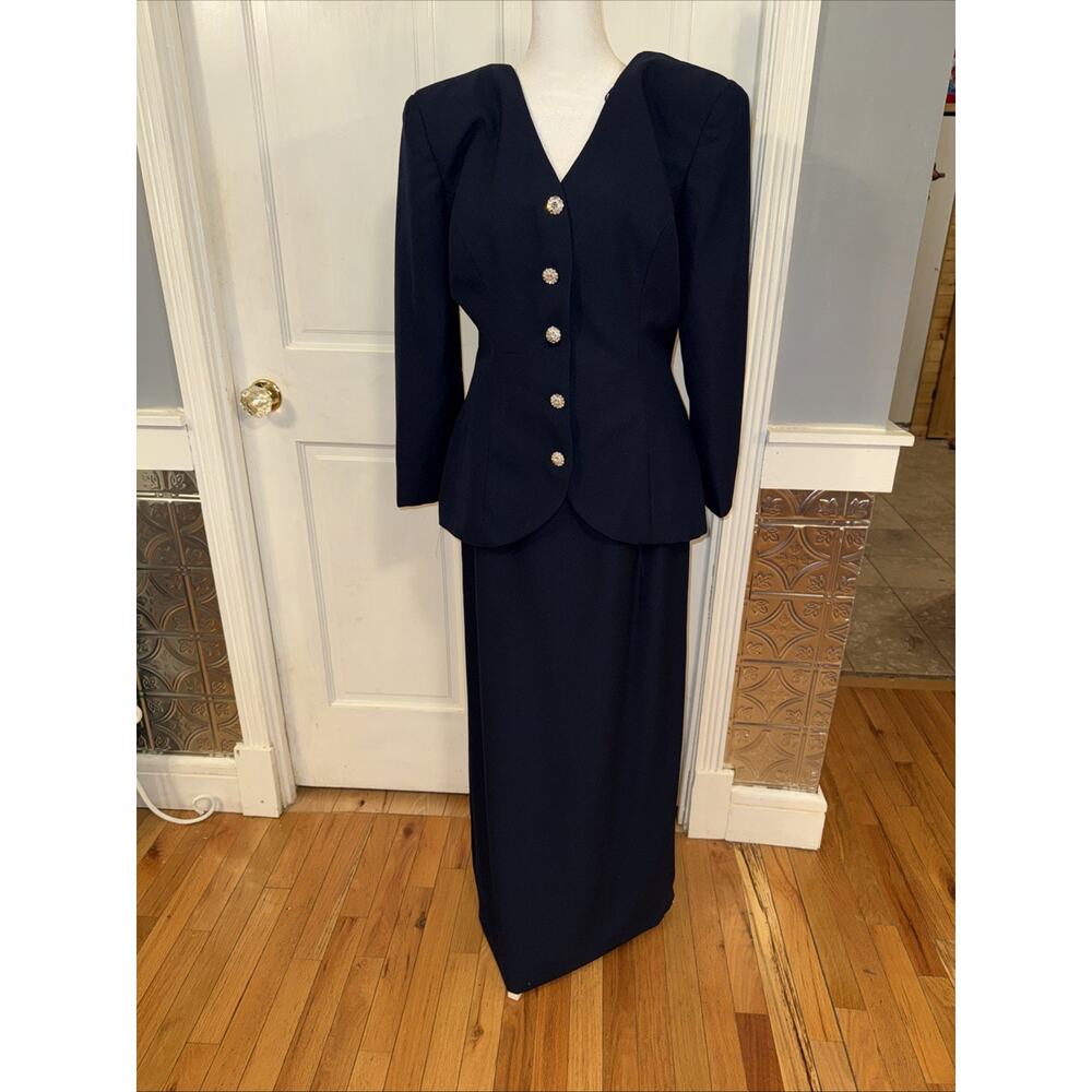 Workers Union Vintage women's skirt suit, Navy Blue Rhinestone Buttons Size 14